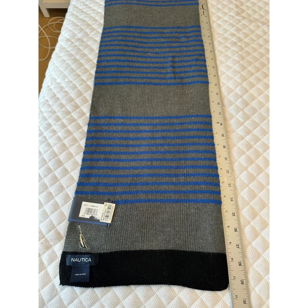 Nautica Mens Grey Blue Striped Knit Scarf Wool Blend Winter Accessory New